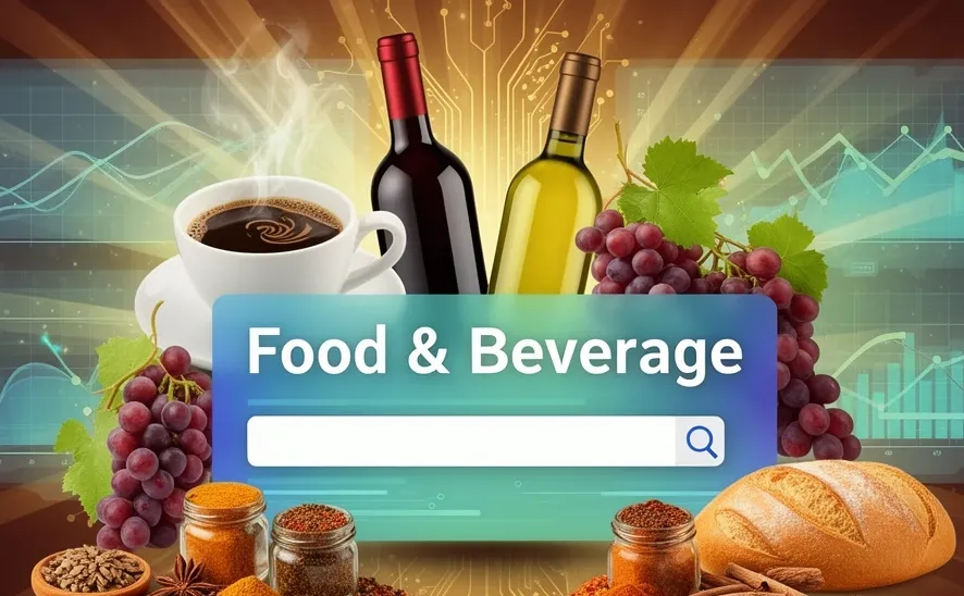 Home pc con scritta e-commerce food and beverage con sfondo due bottiglie di vino, un grappolo di uva, spezie varie, peperoni cruschi ed una tazza di caffe bio