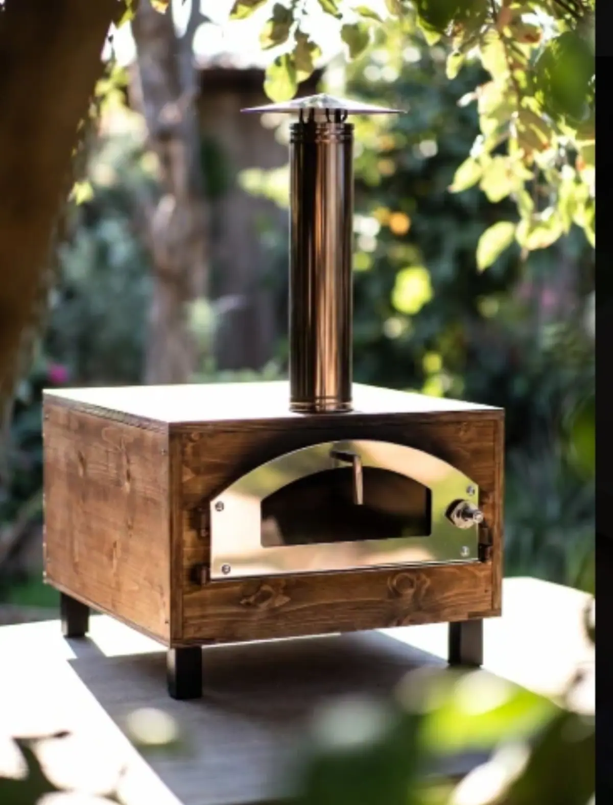 Forno compatto e portatile a legna, progettato per spazi ridotti come balconi, terrazze o piccoli giardini. È nuovo di zecca e perfettamente pulito, senza tracce di fuliggine, usura o segni di utilizzo precedente.