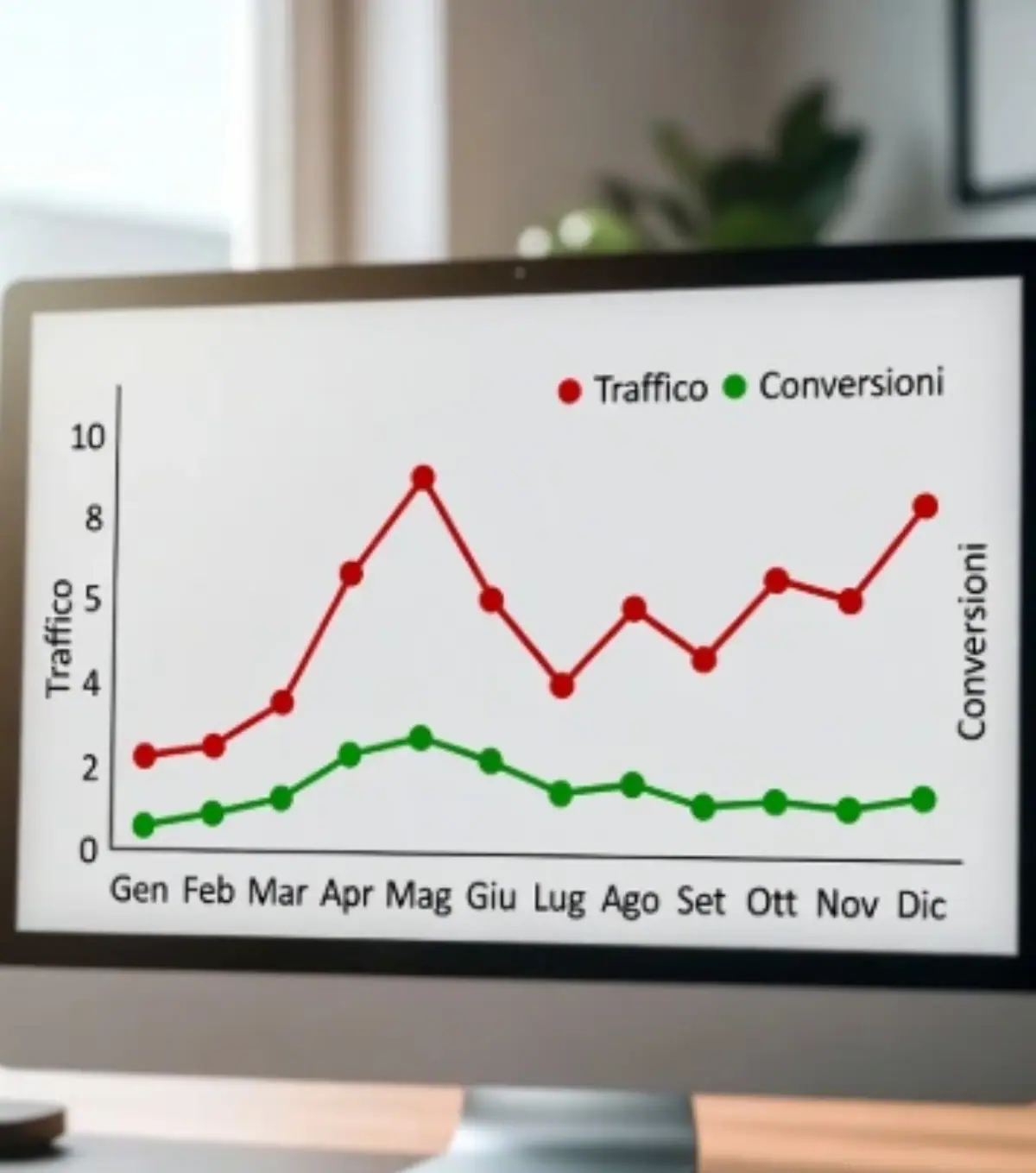 Grafico che confronta il traffico mensile e le conversioni di un sito di agriturismo o ecommerce alimentare nell'arco di un anno, con picco massimo a maggio e ripresa a dicembre.