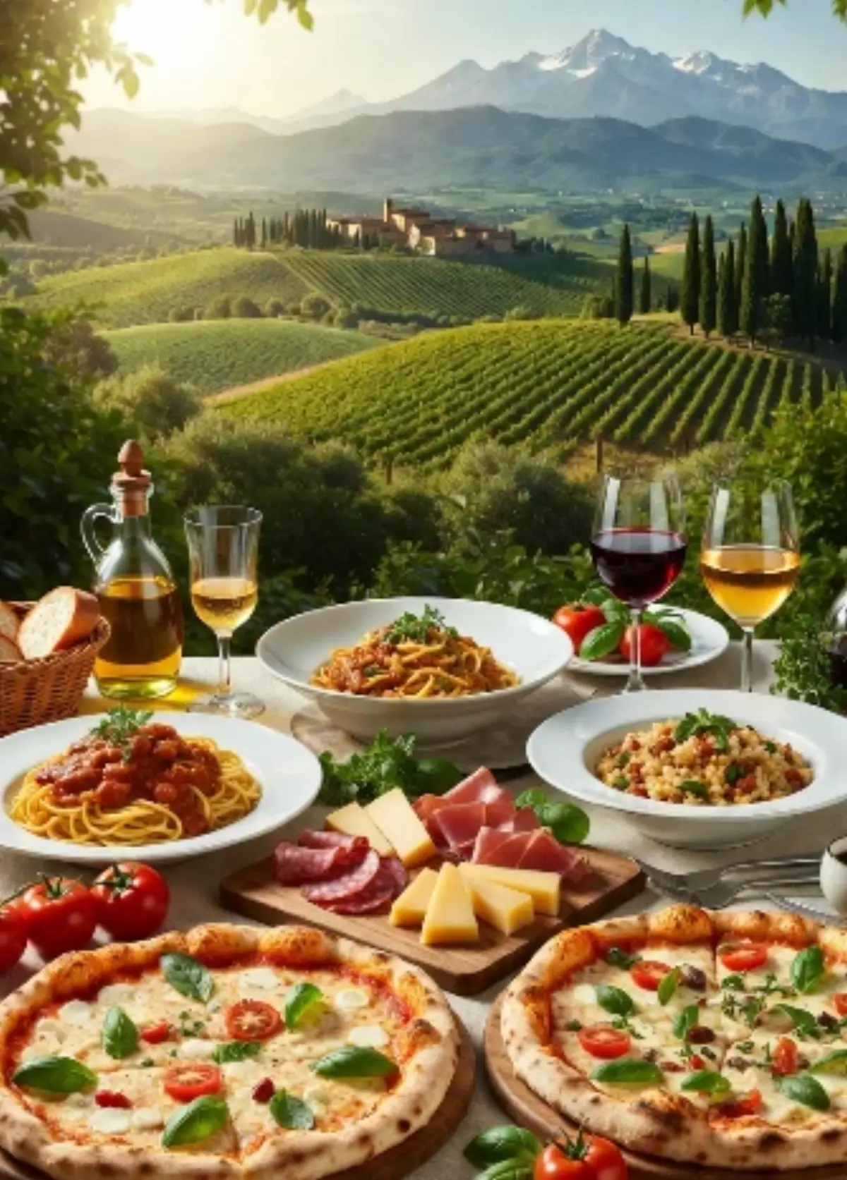 L'immagine raffigura un tavolo all'aperto riccamente apparecchiato con piatti tipici italiani, come spaghetti al pomodoro, pasta con gamberi, taglieri di salumi e formaggi, olive, pane fresco, pizze margherita e risotto, accompagnati da bottiglie di olio extravergine, vini rossi e bianchi in calici eleganti. In primo piano, i colori vivaci dei cibi evocano sapori autentici e freschi. Sullo sfondo, un paesaggio mozzafiato di colline