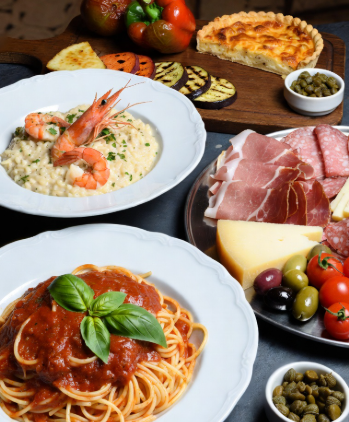 Composizione elegante di piatti tradizionali italiani su sfondo caldo e accogliente: in primo piano spaghetti al pomodoro con foglia di basilico fresco, risotto cremoso con gamberi, tagliere di salumi DOP, formaggi stagionati, olive, capperi e una quiche rustica. Una celebrazione visiva del patrimonio immateriale UNESCO della cucina italiana, fatta di materie prime genuine e passione artigianale.