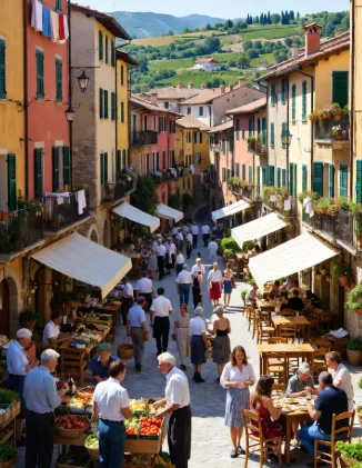 Un vicolo più stretto e colorato (stile Liguria/Toscana), con facciate di case dipinte in toni pastello (giallo, rosa, arancione), persiane verdi e panni stesi. Mercato vivace al centro: tavolini all’aperto dove gente mangia e beve, bancarelle con pomodori, insalate, pane e prodotti tipici. Molte persone (turisti e locali) camminano, comprano e socializzano. Sullo sfondo colline ondulate con vigneti. Luce calda del sole, atmosfera festosa e rilassata da sagra di paese.