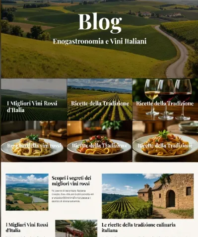 È un mockup completo di homepage di un blog intitolato "Blog Enogastronomia e Vini Italiani". In alto domina un grande header con una foto panoramica di colline toscane/piemontesi coperte di vigneti dorati al tramonto, una stradina sinuosa che si perde tra i filari e un cielo limpido. Il titolo è sovrapposto in bianco elegante con font serif. Sotto, una griglia di anteprime articoli: Foto di vigneti con titolo "I Migliori Vini Rossi d’Italia" Bicchieri di vino rosso con "Ricette della Tradizione" Piatti di pasta (tagliatelle al ragù, spaghetti al pomodoro) con lo stesso titolo ripetuto Sezione inferiore con anteprime più piccole: paesaggi rurali, cantine storiche e testo teaser come "Scopri i segreti dei migliori vini rossi". L’atmosfera è calda, autunnale, molto invitante e professionale.