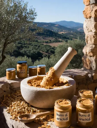 Immagine: Un tavolo rustico all'aperto in un paesaggio mediterraneo soleggiato, con ulivi e colline sullo sfondo. In primo piano, una fila di barattoli di vetro aperti e chiusi pieni di burro di arachidi cremoso dorato, etichettati "crema di arachidi", "burro di noccioline", "pasta di arachidi" e "burro arachidi bio". Accanto, un macinino tradizionale di pietra versa arachidi tostate macinate, con qualche arachide sparsa intorno per un tocco naturale e artigianale.