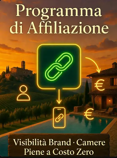 Immagine AI di un borgo italiano e un agriturismo al tramonto, collegati da una rete luminosa di affiliazione marketing con icone di influencer e euro, con scritte chiare “Programma di Affiliazione” e “Visibilità Brand · Camere Piene a Costo Zero”.