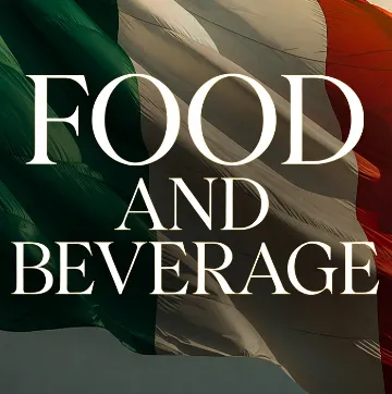 Bandiera italiana con scritta Food and Beverage – Enogastronomia e prodotti tipici italiani