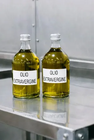 Due bottiglie di olio extravergine di oliva italiano su banco inox in ambiente di produzione – prodotto tipico made in Italy