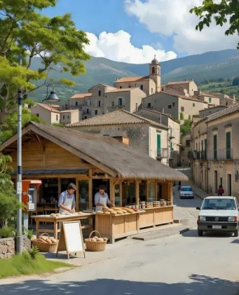 Una scena di vita quotidiana in un piccolo borgo del Sud Italia negli anni 70. In primo piano, sotto una tettoia di legno con copertura di paglia, due uomini di mezza età con grembiuli bianchi e camicie a quadretti stanno disponendo pani appena sfornati su un banchetto di legno. Ci sono filoni croccanti, pagnotte rotonde e alcuni barattoli di conserve (probabilmente pomodoro o olive). Sullo sfondo, una stradina acciottolata sale verso un borgo collinare con case in pietra chiara, tetti di tegole, persiane verdi e un campanile che domina la scena. Una Fiat Panda bianca d’epoca è parcheggiata poco lontano, sotto un albero frondoso. L’atmosfera è calda, con luce solare dorata, cielo azzurro con poche nuvole e un senso di tranquilla routine contadina.