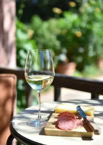 Piccolo tavolino rotondo da esterno in metallo scuro con piano chiaro (tipo marmo o ceramica beige). Calice ballon di vetro trasparente, stelo lungo e sottile, riempito per circa metà con vino bianco molto chiaro, quasi paglierino-verdolino, che riflette la luce del sole. Sul tavolo, un tagliere di legno chiaro con venature naturali, appoggiato di traverso. Sul tagliere: coltellino con lama dritta e manico in legno chiaro. Fette sottili di salame stagionato con pepe nero in superficie e grasso bianco visibile. Pezzo di formaggio duro giallo chiaro (stile parmigiano o simile, ma generico). Sfondo sfocato: giardino con piante verdi, vasi di terracotta, foglie di vite o edera, luce dorata del tardo pomeriggio che crea un’atmosfera calda e rilassata da aperitivo estivo all’aperto.