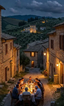 Immagine ravvicinata Vicolo stretto di ciottoli illuminato da lanterne appese e luci calde dalle finestre aperte delle case in pietra. Il tavolo occupa il centro: tovaglia bianca un po' stropicciata, piatti con pasta al pomodoro, arrosti, insalate, pane spezzato a mano, bicchieri di vino rosso, una bottiglia sfusa. Le persone (uomini e donne di varie età, vestiti semplici, maglioni, camicie a quadri) sono sorridenti, chi parla gesticolando, chi versa vino, chi taglia formaggio. Sfondo sfocato con muri di pietra, una porta antica socchiusa, gerani rossi sui davanzali, un gatto che passa in lontananza. Sopra di loro un cielo stellato immenso e limpido. Tutto trasmette calore umano, lentezza, genuinità e silenzio rotto solo da risate sommesse.