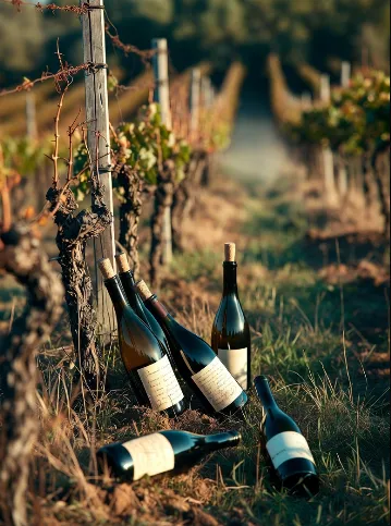 Bottiglie di vino con scritta: "vino biodinamico" per terra nel filare della vigna