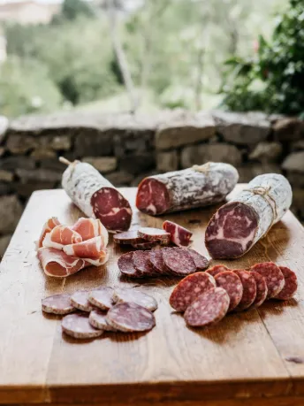 Tavolo in legno con sopra salumi vari. Sfondo natura