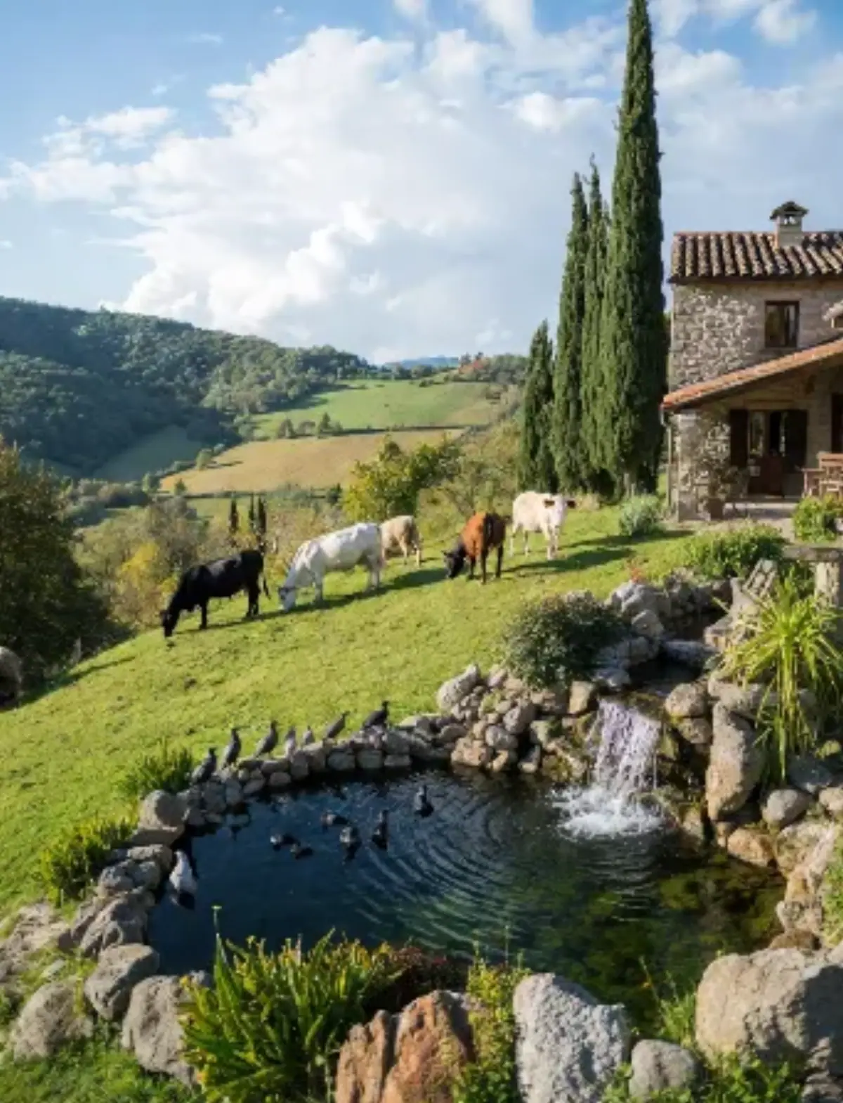 Fattoria con animali che pascolano e piscina naturale. Sfondo natura e pini