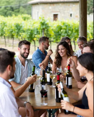 All'interno di una cantina con pareti di pietra e file di botti di legno sullo sfondo, un altro gruppo di giovani (20-30 anni) è riunito intorno a un lungo tavolo di legno. Stanno ridendo e interagendo: una donna versa vino da una bottiglia in un bicchiere tenuto da un amico, altri brindano o assaggiano, con bottiglie aperte sparse sul tavolo accanto a calici pieni di vino rosso e spumante. L'abbigliamento è smart-casual (camice, vestiti leggeri), l'atmosfera è vivace e conviviale, con luci soffuse che illuminano i volti entusiasti. L'ambiente richiama una cantina tradizionale, con elementi come botti e attrezzi vinicoli, enfatizzando il divertimento condiviso durante una degustazione informale.