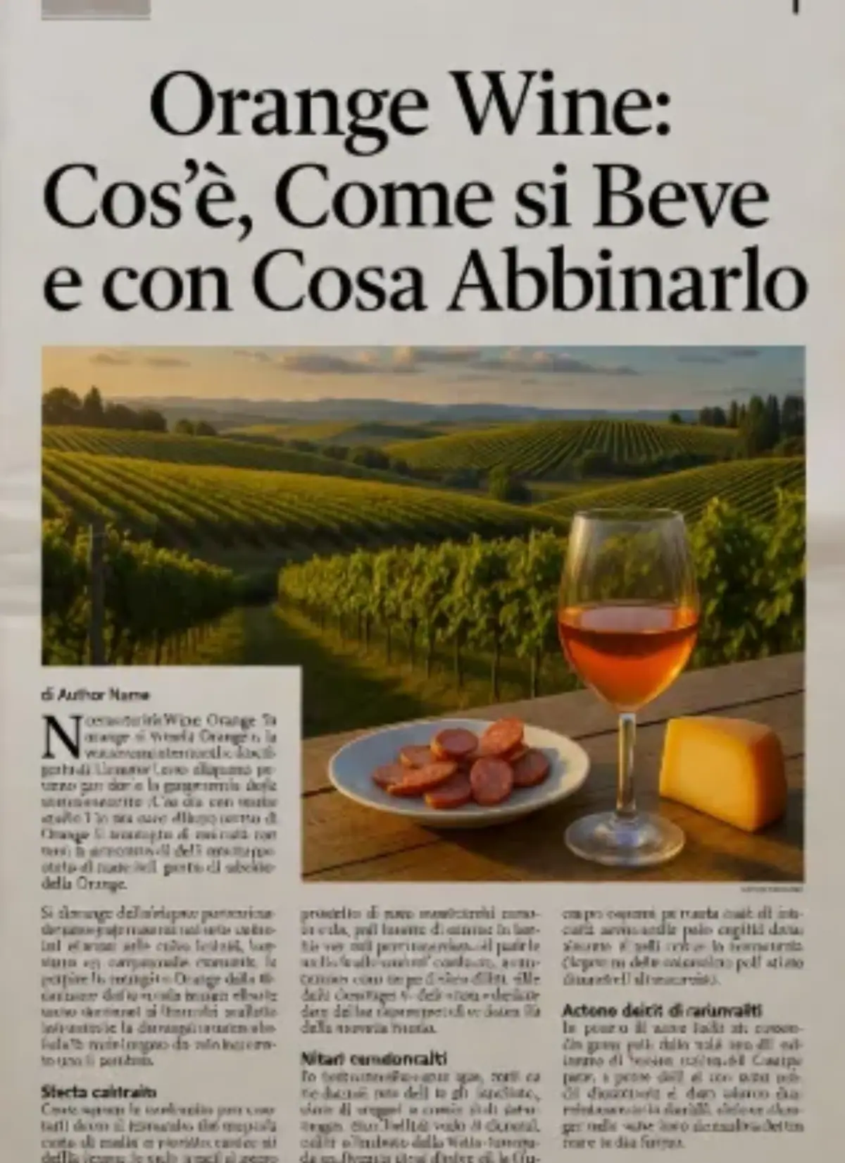 Pagina di rivista. Titolo centrato in nero bold: Orange Wine: "Cos’è, Come si Beve e con Cosa Abbinarlo". Sotto, una foto grande di un calice di vino orange (colore ambrato intenso) posato su un tavolo di legno rustico, accanto a un piccolo tagliere con fette di salame speziato e un pezzo di formaggio semi-stagionato. Sullo sfondo sfocato, un vigneto collinare con cipressi tipici italiani. Il testo è in due colonne, con occhiello introduttivo e paragrafi che parlano di produzione e abbinamenti. In basso, box con suggerimenti (Nitrati camponcati, Actono delitt di narunalitti) e firma -di Author Name. L’immagine trasmette calore, artigianalità e invito alla degustazione, con luce naturale morbida.