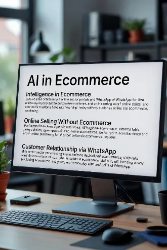 Schermo di computer su scrivania minimal con tastiera wireless e mouse. Sul display un layout di blog/article con titolo principale “AI e Vendite Online: il Metodo che Funziona Senza Ecommerce”. Sottotitoli visibili: “Portale di Settore”, “Relazione Cliente via WhatsApp”, “Fidelizzazione invece di Carrelli Abbandonati”, “Perché il 90% fallisce con l’ecommerce classico”. In basso icone stilizzate di chat WhatsApp, grafico di crescita contatti e simbolo AI. Stile pulito, moderno, colori aziendali (blu scuro, bianco, accenti arancioni), sensazione di soluzione pratica e affidabile per PMI.