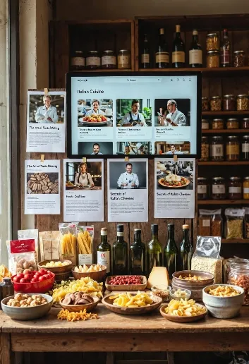 Un bancone in legno rustico, tipico di una piccola bottega o drogheria alimentare italiana tradizionale, è allestito con cura e ricco di prodotti autentici del territorio.In primo piano si vedono:vassoi e ciotole in legno e ceramica con diverse forme di pasta secca artigianale (spaghetti, fusilli, penne, farfalle, conchiglie, paccheri) ciotole con pomodorini rossi freschi, olive verdi e nere, mandorle, noci, pistacchi sgusciati formaggi interi e porzioni (tra cui un pezzo di Parmigiano Reggiano stagionato, pecorino, provolone) barattoli di vetro con conserve, pomodori secchi, legumi secchi sacchetti trasparenti di pasta artigianale con etichette semplici bottiglie di olio extravergine d’oliva e aceto balsamico con tappi in sughero qualche spicchio d’aglio e rametti di erbe aromatiche fresche. Sullo sfondo screenshot di articoli SEO della piccola Media Impresa locale