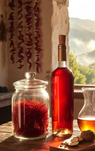 Enogastronomia Italiana.. In una vecchia casa di pietra calabrese al tramonto dorato, su un tavolo di legno rustico spiccano una bottiglia alta di vino rosso biologico, un grande vaso di vetro stracolmo di stimmi di zafferano rosso vivo e una brocca di vetro pulita con solo vino ambrato. Pochi tartufi piccoli e affettati riposano su un tagliere modesto, mentre lunghe filze di peperoni essiccati pendono dal muro. Dalla finestra si vede il paesaggio collinare nebbioso