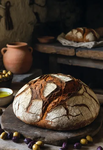 Pagnotta di pane rustico appena sfornato con crosta scura e spaccata, posata su tagliere di legno in un ambiente antico con olive, olio e terracotta. Immagine che rappresenta il pane fatto con farine biologiche e grani antichi.