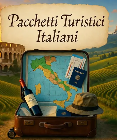 Valigia aperta con mappa dell’Italia, bottiglia di vino, passaporto e cappello da viaggio sullo sfondo di colline toscane e Colosseo. Immagine che rappresenta i pacchetti turistici italiani.