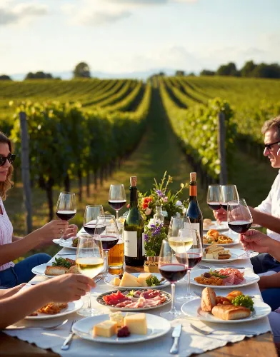 Gruppo di persone che brinda con calici di vino rosso e bianco durante una degustazione in un vigneto italiano al tramonto, con tavola imbandita di formaggi, salumi, pane e bottiglie di vino