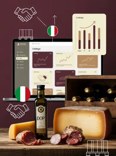 Immagine verticale di un menu da ristorante italiano aperto su un tavolo di legno, circondato da ingredienti freschi DOP e IGP (pomodori San Marzano, basilico, Parmigiano Reggiano, prosciutto di Parma, pane, vino Chianti). Sullo sfondo un elegante ristorante al tramonto con clienti soddisfatti che cenano. Elementi luminosi dorati simboleggiano crescita di clientela e guadagni. In alto il titolo completo “Enogastronomia Italiana nel Menu Ristorante: Come Valorizzare Prodotti Tipici per Aumentare Clientela e Guadagni”.