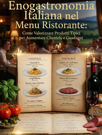 Immagine verticale di un menu da ristorante italiano aperto su un tavolo di legno, circondato da ingredienti freschi DOP e IGP (pomodori San Marzano, basilico, Parmigiano Reggiano, prosciutto di Parma, pane, vino Chianti). Sullo sfondo un elegante ristorante al tramonto con clienti soddisfatti che cenano. Elementi luminosi dorati simboleggiano crescita di clientela e guadagni. In alto il titolo completo “Enogastronomia Italiana nel Menu Ristorante: Come Valorizzare Prodotti Tipici per Aumentare Clientela e Guadagni”.