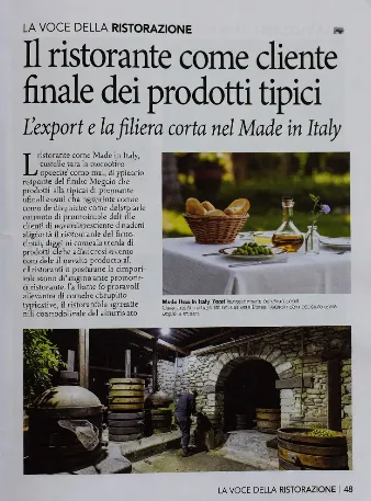 Pagina di rivista La Voce della Ristorazione con articolo ‘Il ristorante come cliente finale dei prodotti tipici – L’export e la filiera corta nel Made in Italy’ con foto di prodotti tipici e cantina