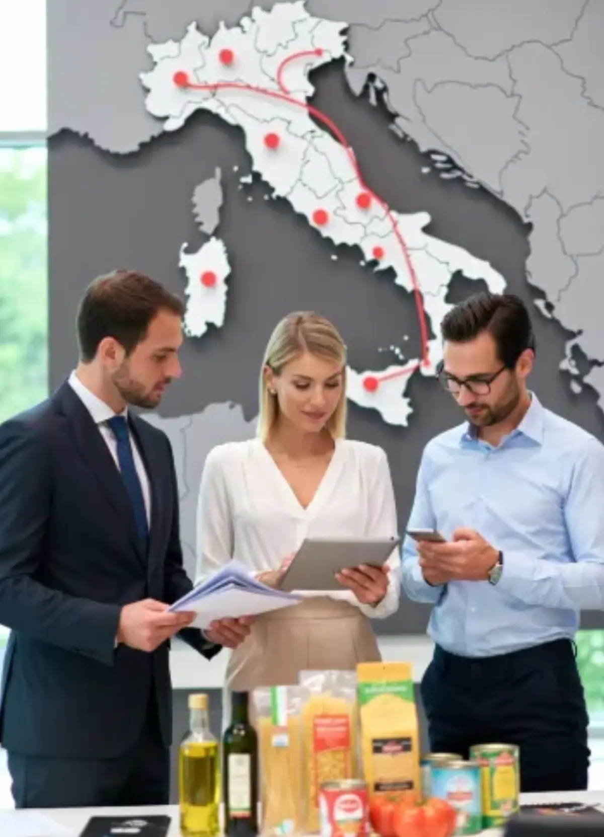 Un team di professionisti internazionali (uomo e donna in abito elegante) discute intorno a un tavolo con prodotti italiani (pasta, olio extravergine, pomodori pelati, conserve). Sullo sfondo una grande mappa stilizzata dell'Italia con linee rosse che indicano rotte di export verso vari continenti, in un moderno ufficio aziendale.