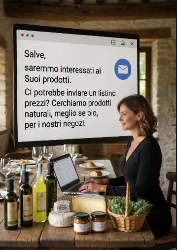 Donna professionista che riceve email di richiesta listino prezzi per prodotti naturali e bio da inserire nei negozi – acquisto B2B food & beverage