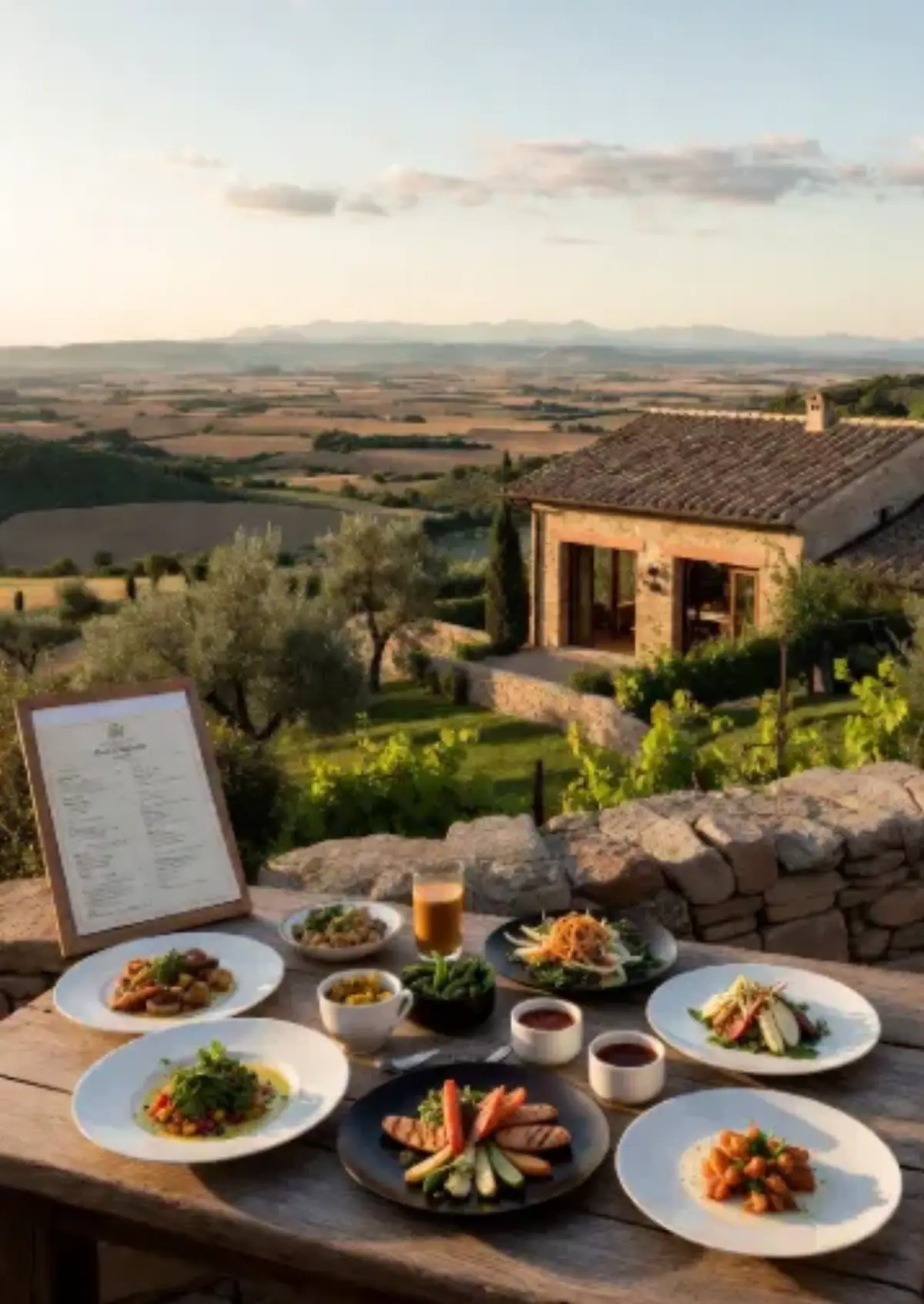 Tavola imbandita con piatti tipici italiani e vista mozzafiato su una villa in pietra immersa nelle colline toscane al tramonto, ideale per turismo rurale e enogastronomia.