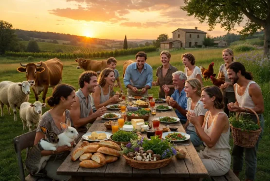 Fattoria rurale immersa nel verde con vacche, pecore, conigli e galline, gruppo di amici che ride e partecipa a esperienze di foraging e cucina intorno a un tavolo di legno con cibo sano fresco.