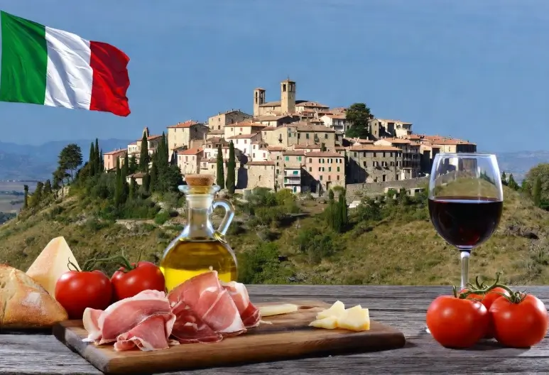Prodotti tipici italiani disposti su un tavolo di legno con prosciutto crudo, formaggi, pane, olio extravergine e vino rosso, sullo sfondo un antico borgo italiano e la bandiera tricolore che sventola nel cielo azzurro.