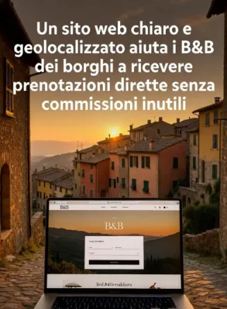 Immagine con vista su un borgo italiano antico al tramonto e un laptop che mostra il sito web di un B&B. Titolo: Un sito web chiaro e geolocalizzato aiuta i B&B dei borghi a ricevere prenotazioni dirette senza commissioni inutili.