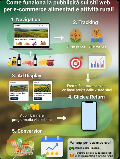 Infografica che illustra in 5 passi come funziona la pubblicità online sui siti di e-commerce alimentari e di attività rurali (agriturismi, fattorie, esperienze in campagna): dal tracciamento dell’utente alla conversione in acquisto o prenotazione.