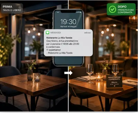Prima e dopo: da tavolo libero a prenotazione confermata grazie a un messaggio SMS del ristorante. Schermo del telefono mostra la conferma di prenotazione per due persone.