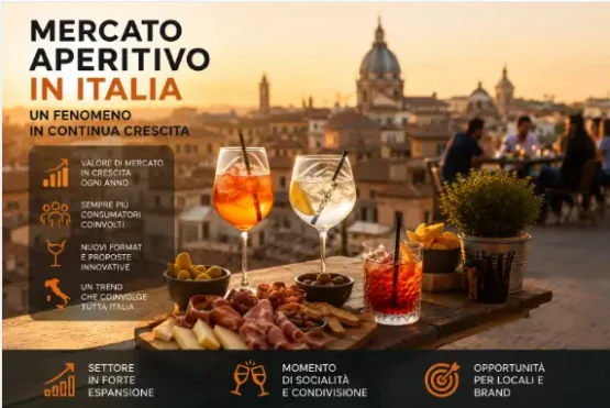 Aperitivo italiano al tramonto su terrazza panoramica con cocktail, stuzzichini e vista urbana durante l’ora serale.