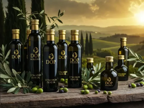 Bottiglie di olio extravergine di oliva DOP Biologico italiano premium con etichette visibili, su tavolo rustico con olive fresche e paesaggio toscano al tramonto