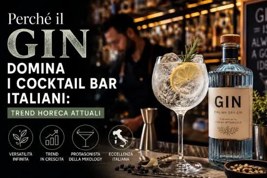Cocktail bar italiano elegante con gin tonic, bottiglia di gin premium e bartender sullo sfondo, accompagnati dal titolo “Perché il Gin Domina i Cocktail Bar Italiani: Trend Horeca Attuali”.