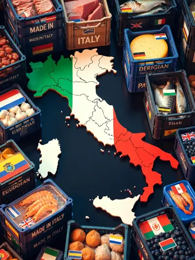 Immagine che rappresenta il falso Made in Italy: prodotti alimentari stranieri (prosciutti danesi, formaggi tedeschi, pesce olandese, aglio ecuadoriano, gamberetti thailandesi e mirtilli peruviani) che arrivano in Italia e vengono etichettati come Made in Italy, con mappe e bandiere che evidenziano il paradosso dell'autonomia alimentare.