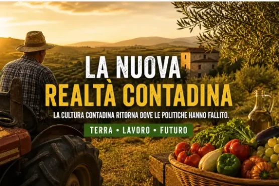 Contadino seduto sul trattore osserva campagne al tramonto con prodotti agricoli in primo piano e slogan sulla cultura contadina.