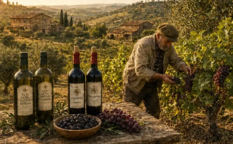 Agricoltore italiano raccoglie uva in vigneto con bottiglie di olio extravergine e vino rosso su tavolo di legno, colline toscane sullo sfondo
