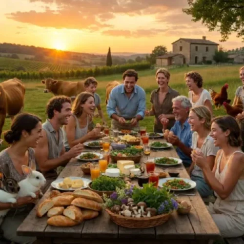 Fattoria rurale immersa nel verde con vacche, pecore, conigli e galline, gruppo di amici che ride e partecipa a esperienze di foraging e cucina intorno a un tavolo di legno con cibo sano fresco.