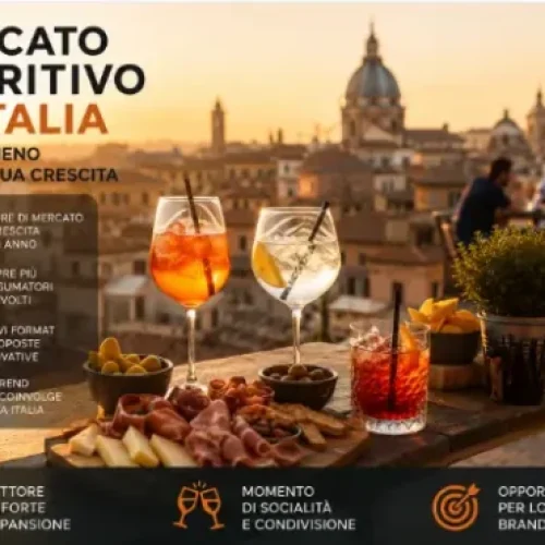Aperitivo italiano al tramonto su terrazza panoramica con cocktail, stuzzichini e vista urbana durante l’ora serale.