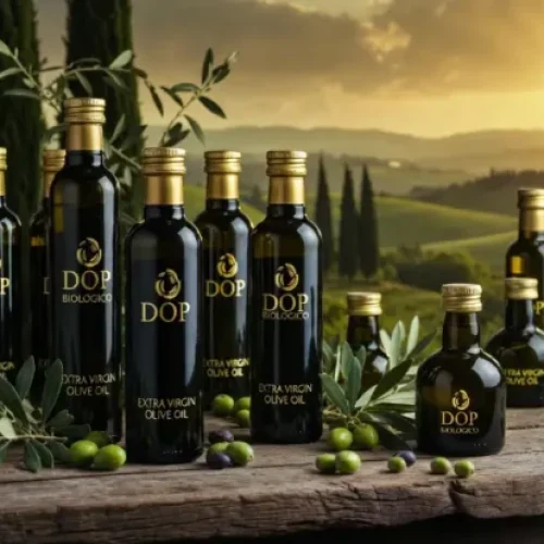 Bottiglie di olio extravergine di oliva DOP Biologico italiano premium con etichette visibili, su tavolo rustico con olive fresche e paesaggio toscano al tramonto