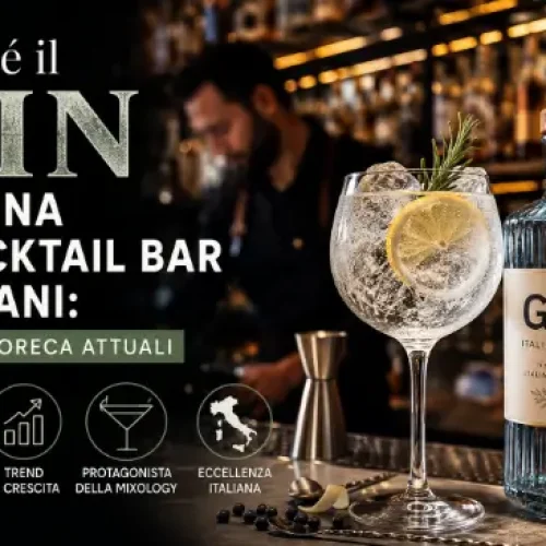 Cocktail bar italiano elegante con gin tonic, bottiglia di gin premium e bartender sullo sfondo, accompagnati dal titolo “Perché il Gin Domina i Cocktail Bar Italiani: Trend Horeca Attuali”.