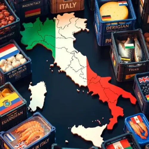Immagine che rappresenta il falso Made in Italy: prodotti alimentari stranieri (prosciutti danesi, formaggi tedeschi, pesce olandese, aglio ecuadoriano, gamberetti thailandesi e mirtilli peruviani) che arrivano in Italia e vengono etichettati come Made in Italy, con mappe e bandiere che evidenziano il paradosso dell'autonomia alimentare.