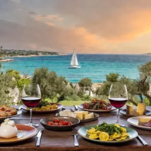 Tavola imbandita con specialità pugliesi tra cui burrata, orecchiette e vino rosso su una terrazza vista mare con barca a vela all'orizzonte al tramonto in Puglia
