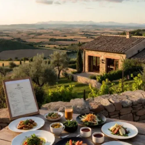 Tavola imbandita con piatti tipici italiani e vista mozzafiato su una villa in pietra immersa nelle colline toscane al tramonto, ideale per turismo rurale e enogastronomia.