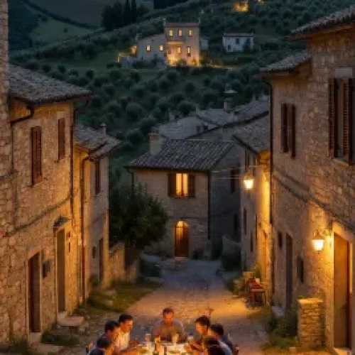 Immagine ravvicinata Vicolo stretto di ciottoli illuminato da lanterne appese e luci calde dalle finestre aperte delle case in pietra. Il tavolo occupa il centro: tovaglia bianca un po' stropicciata, piatti con pasta al pomodoro, arrosti, insalate, pane spezzato a mano, bicchieri di vino rosso, una bottiglia sfusa. Le persone (uomini e donne di varie età, vestiti semplici, maglioni, camicie a quadri) sono sorridenti, chi parla gesticolando, chi versa vino, chi taglia formaggio. Sfondo sfocato con muri di pietra, una porta antica socchiusa, gerani rossi sui davanzali, un gatto che passa in lontananza. Sopra di loro un cielo stellato immenso e limpido. Tutto trasmette calore umano, lentezza, genuinità e silenzio rotto solo da risate sommesse.